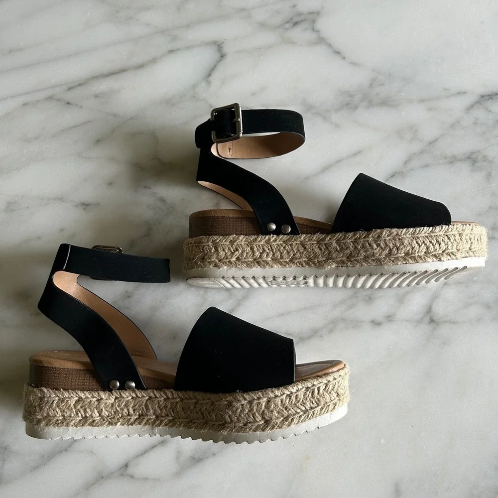 Soda Womens Black Espadrille Platform Sandals Ankle Strap Wedge Open Toe 7.5